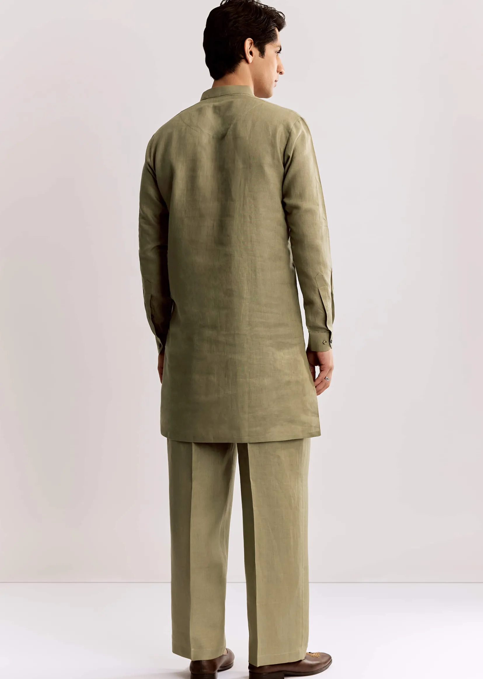 Beige Linen Kurta Set With Embroidery