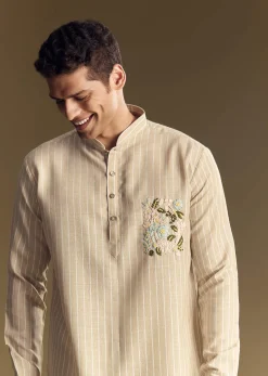 Beige Linen Kurta Set With Delicate Hand Embroidery