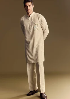 Beige Linen Kurta Set With Delicate Hand Embroidery