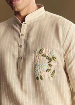 Beige Linen Kurta Set With Delicate Hand Embroidery