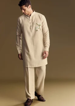Beige Linen Kurta Set With Delicate Hand Embroidery