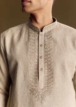 Beige Linen Kurta Set With Thread And Sequin Accents