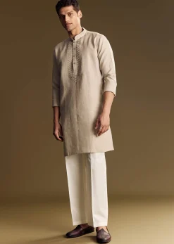 Beige Linen Kurta Set With Thread And Sequin Accents