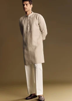 Beige Linen Kurta Set With Thread And Sequin Accents