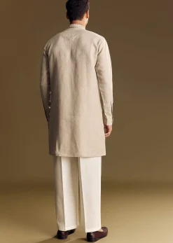 Beige Linen Kurta Set With Thread And Sequin Accents