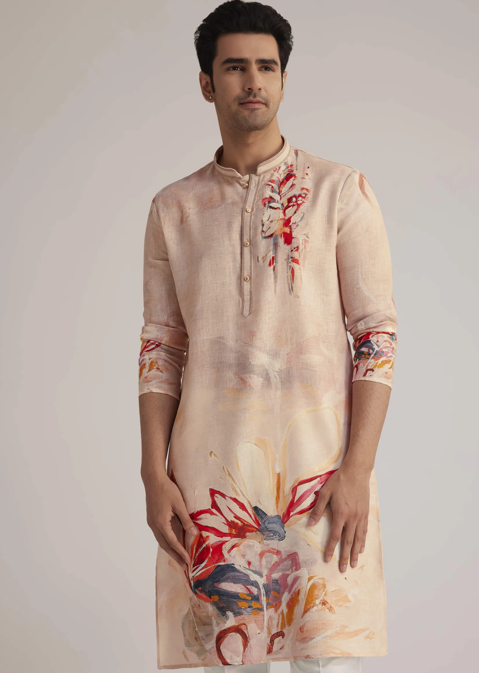 Beige Linen Kurta With Floral Print