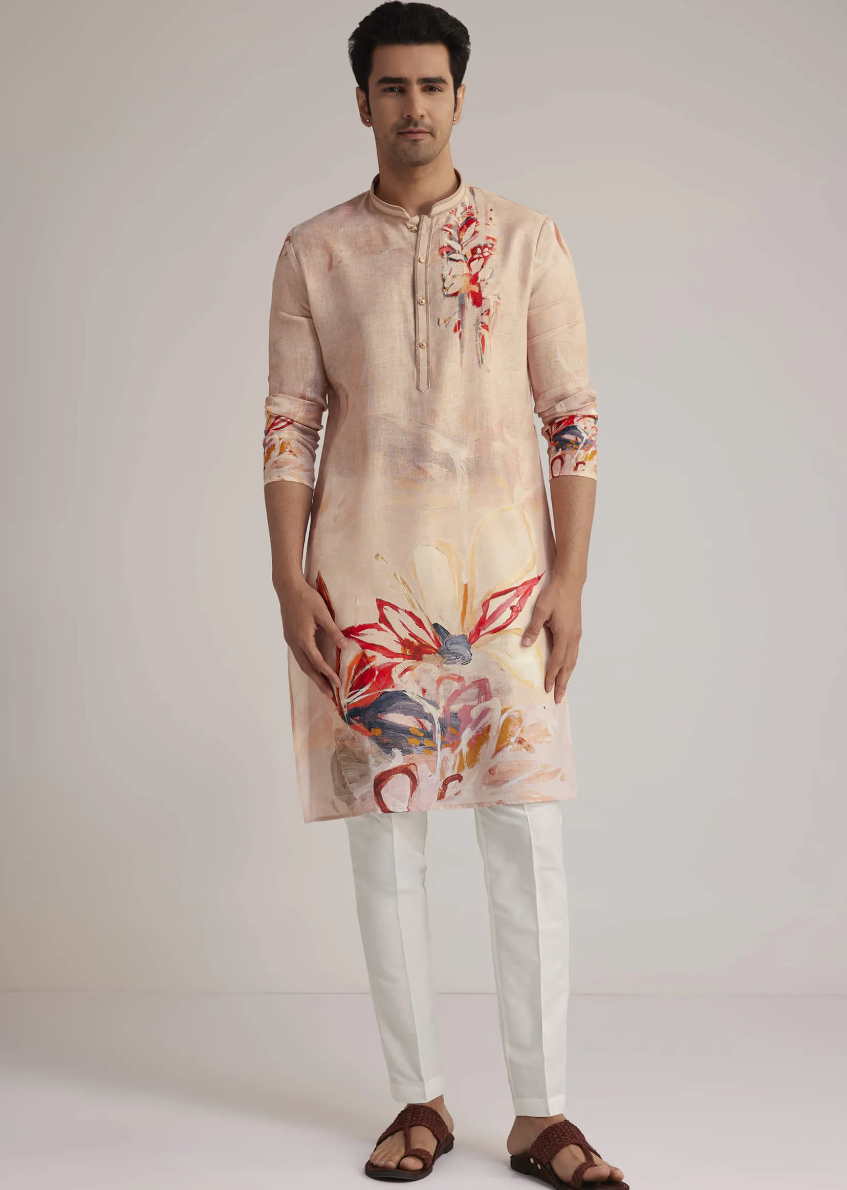 Beige Linen Kurta With Floral Print