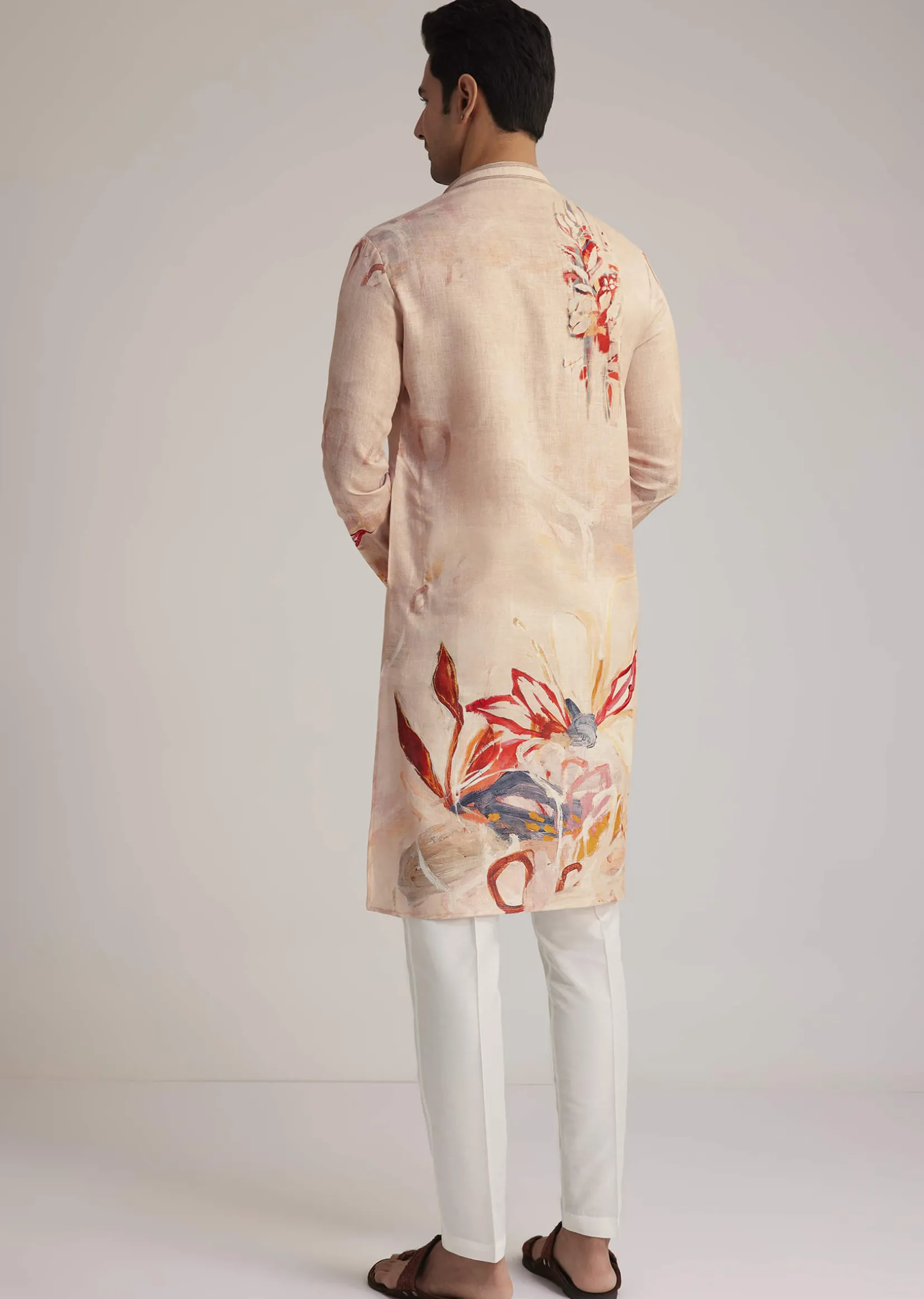 Beige Linen Kurta With Floral Print