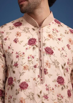 Beige Linen Printed Kurta Set With Floral Motifs