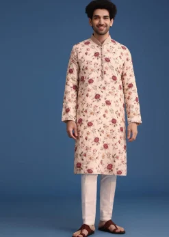 Beige Linen Printed Kurta Set With Floral Motifs