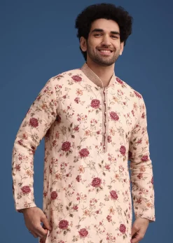 Beige Linen Printed Kurta Set With Floral Motifs
