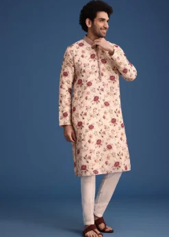Beige Linen Printed Kurta Set With Floral Motifs