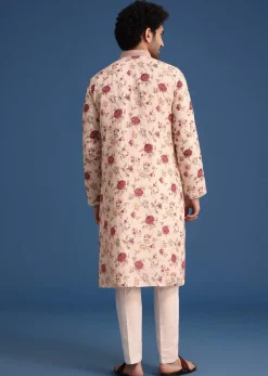 Beige Linen Printed Kurta Set With Floral Motifs