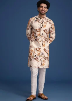 Beige Linen Printed Kurta Set With Leaf Motifs