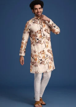 Beige Linen Printed Kurta Set With Leaf Motifs