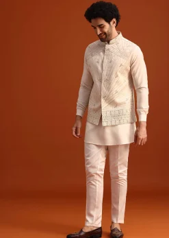 Beige Linen Silk Jacket Kurta And Jacket Set With Mirror Work