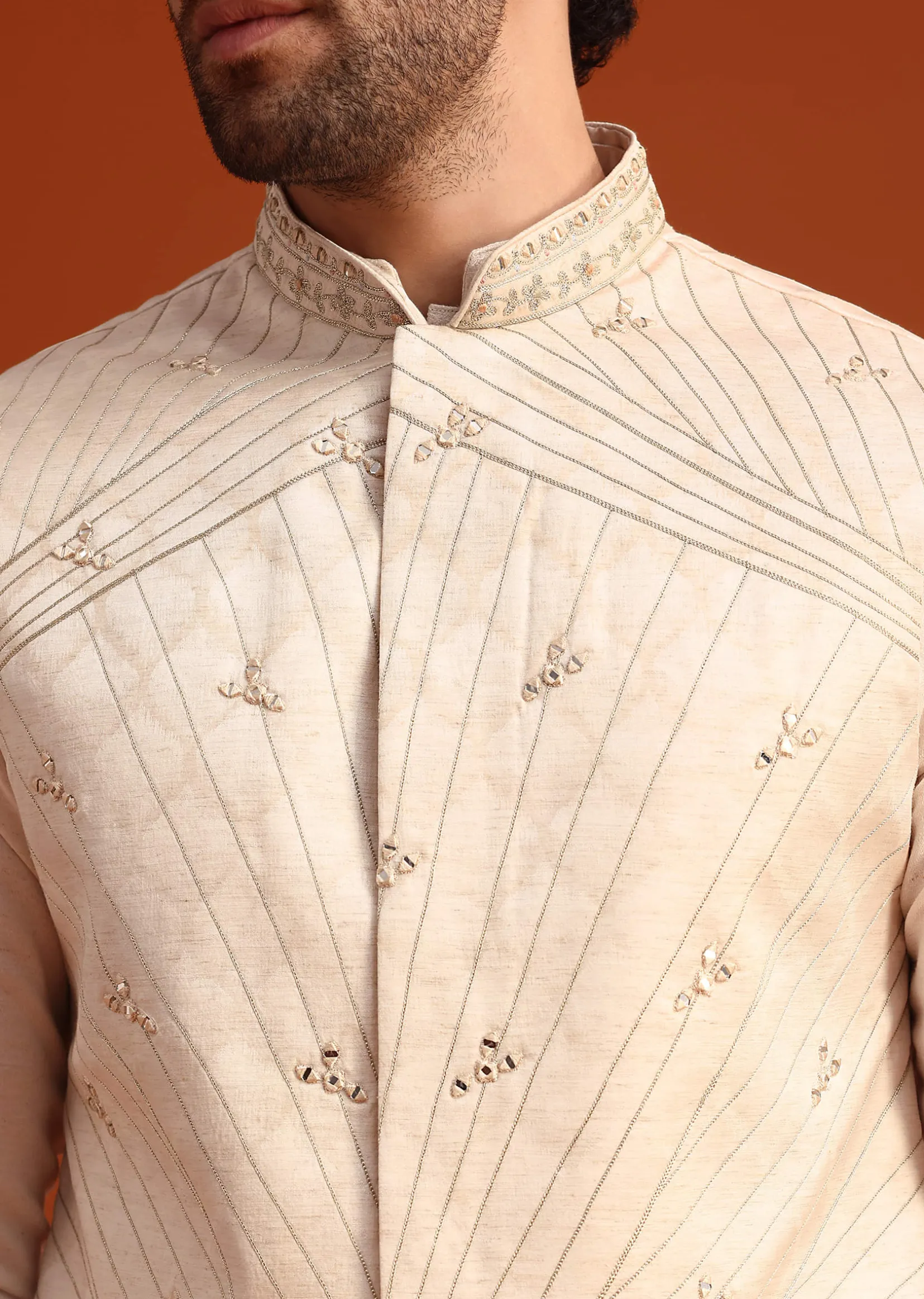 Beige Linen Silk Jacket Kurta And Jacket Set With Mirror Work