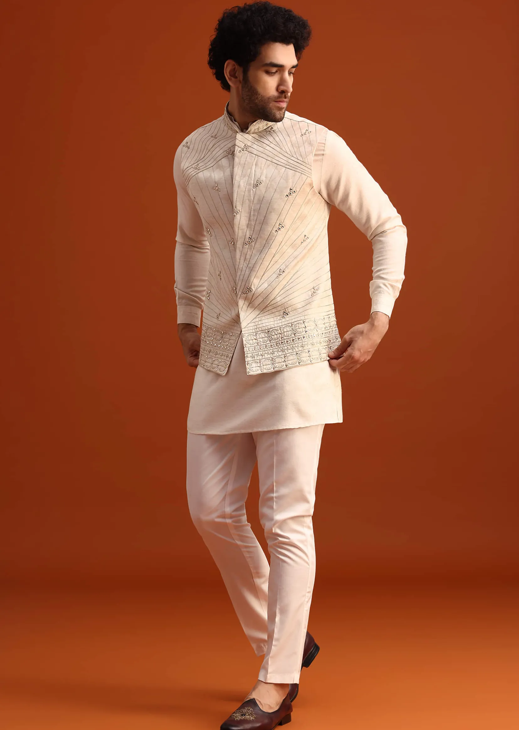 Beige Linen Silk Jacket Kurta And Jacket Set With Mirror Work