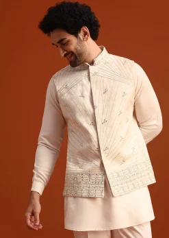 Beige Linen Silk Jacket Kurta And Jacket Set With Mirror Work