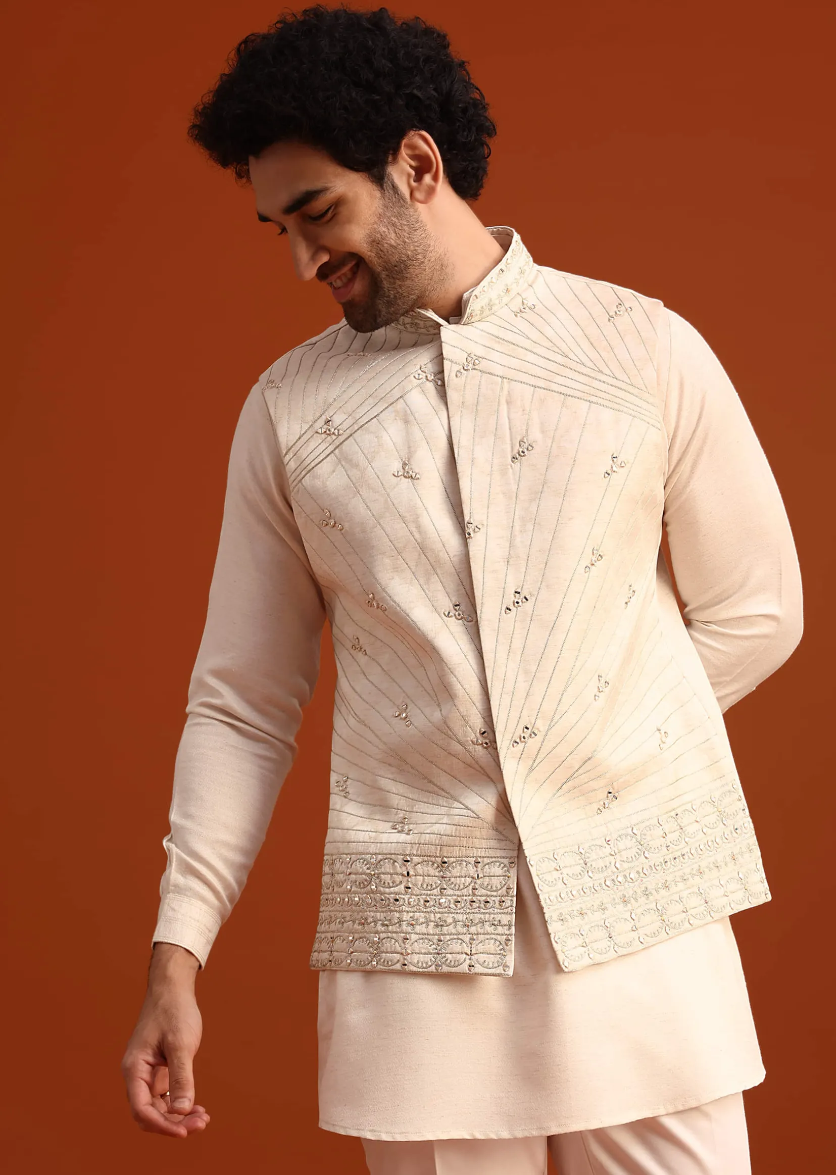 Beige Linen Silk Jacket Kurta And Jacket Set With Mirror Work