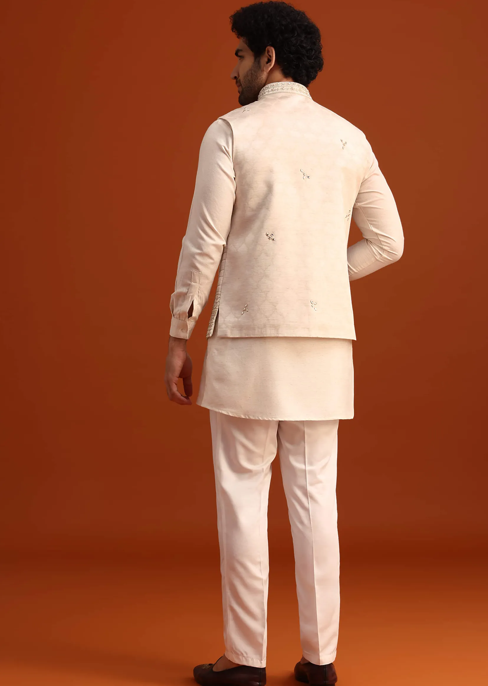 Beige Linen Silk Jacket Kurta And Jacket Set With Mirror Work
