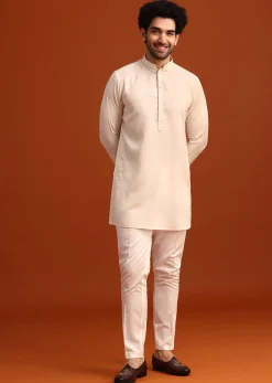 Beige Linen Silk Jacket Kurta And Jacket Set With Mirror Work