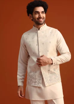 Beige Linen Silk Jacket Kurta And Jacket Set With Aari Work
