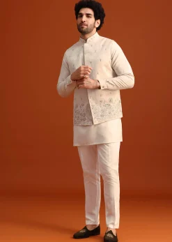 Beige Linen Silk Jacket Kurta And Jacket Set With Aari Work