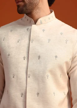 Beige Linen Silk Jacket Kurta And Jacket Set With Aari Work
