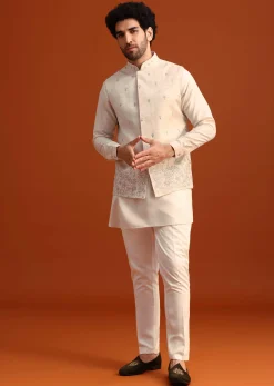 Beige Linen Silk Jacket Kurta And Jacket Set With Aari Work