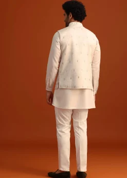 Beige Linen Silk Jacket Kurta And Jacket Set With Aari Work