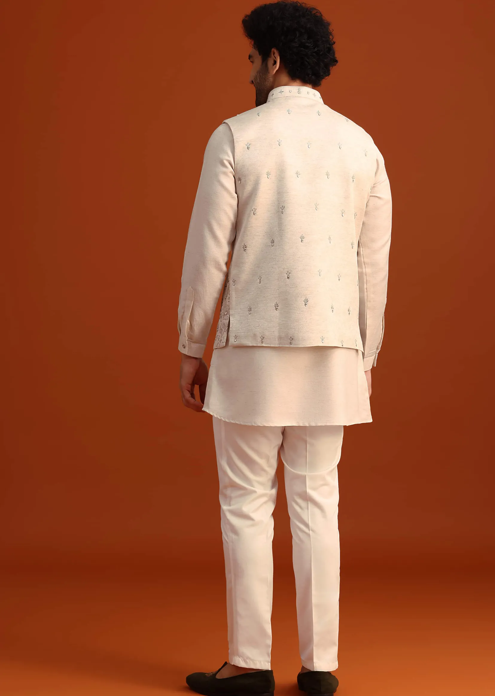 Beige Linen Silk Jacket Kurta And Jacket Set With Aari Work