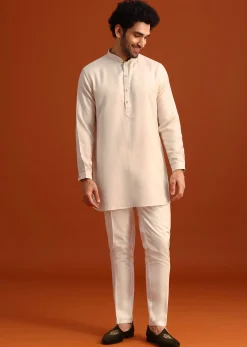 Beige Linen Silk Jacket Kurta And Jacket Set With Aari Work