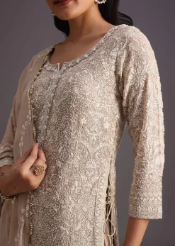 Beige Lucknowi Kurta Set With Flared Palazzo And Resham Work Dupatta
