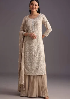 Beige Lucknowi Kurta Set With Flared Palazzo And Resham Work Dupatta