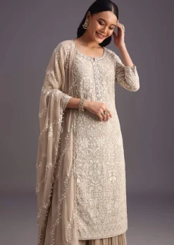 Beige Lucknowi Kurta Set With Flared Palazzo And Resham Work Dupatta