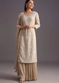 Beige Lucknowi Kurta Set With Flared Palazzo And Resham Work Dupatta