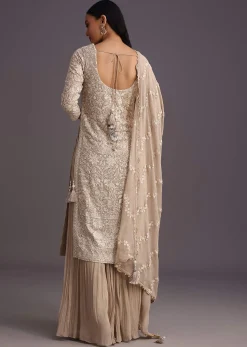 Beige Lucknowi Kurta Set With Flared Palazzo And Resham Work Dupatta