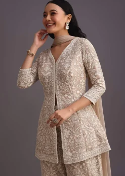 Beige Lucknowi Kurti Palazzo With Net Dupatta