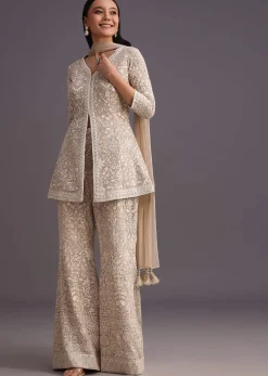 Beige Lucknowi Kurti Palazzo With Net Dupatta