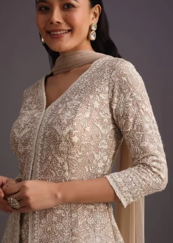 Beige Lucknowi Kurti Palazzo With Net Dupatta