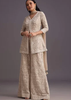 Beige Lucknowi Kurti Palazzo With Net Dupatta