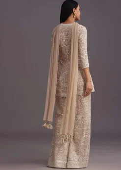 Beige Lucknowi Kurti Palazzo With Net Dupatta