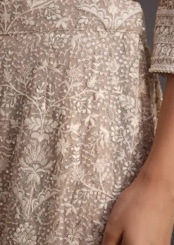 Beige Lucknowi Kurti Palazzo With Net Dupatta
