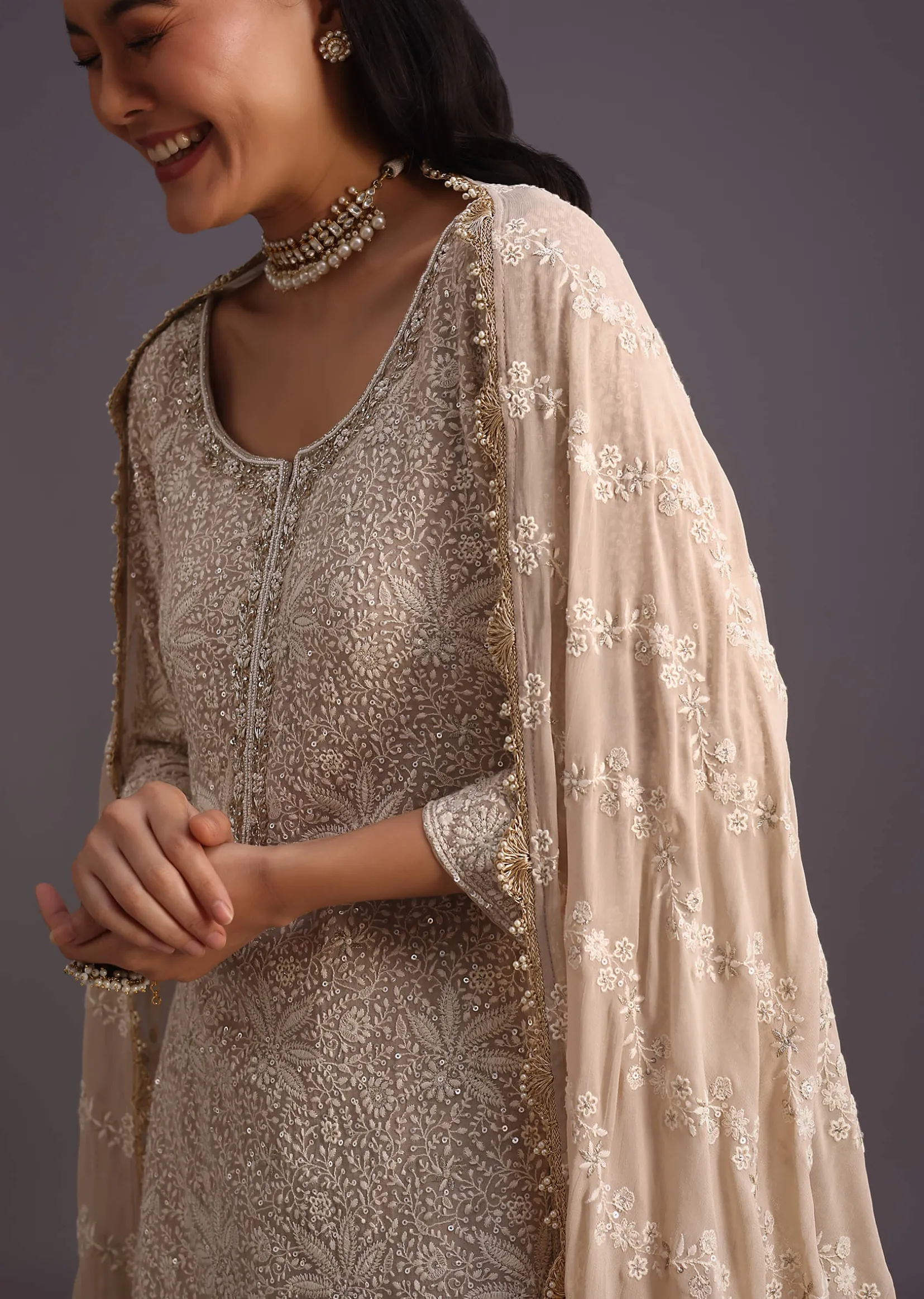 Beige Lucknowi Work Kurta Set And Dupatta