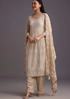 Beige Lucknowi Work Kurta Set And Dupatta