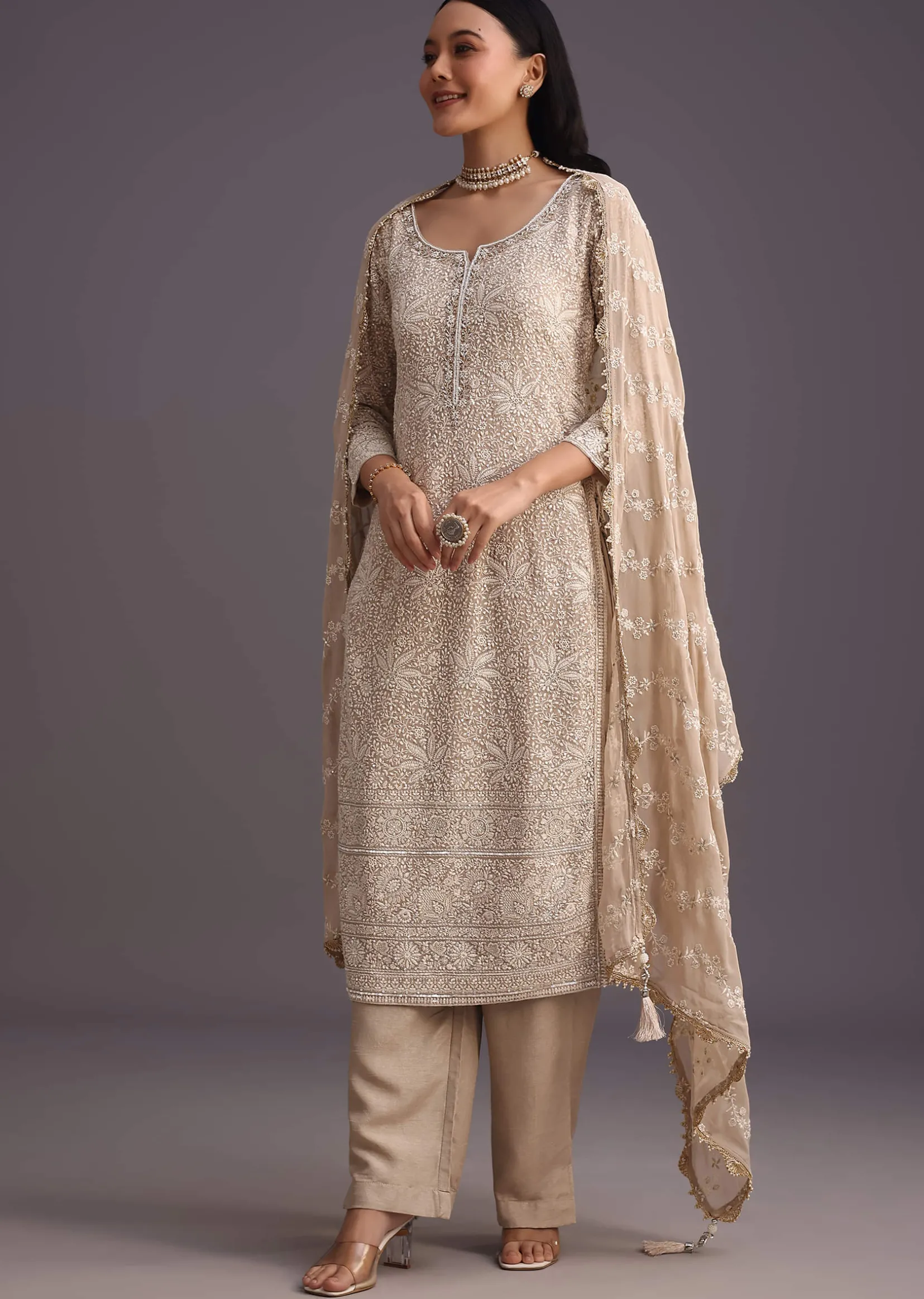 Beige Lucknowi Work Kurta Set And Dupatta