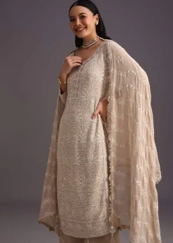 Beige Lucknowi Work Kurta Set And Dupatta