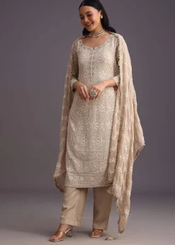 Beige Lucknowi Work Kurta Set And Dupatta