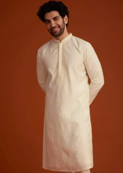 Beige Minimal Embroidered Kurta Pajama Set